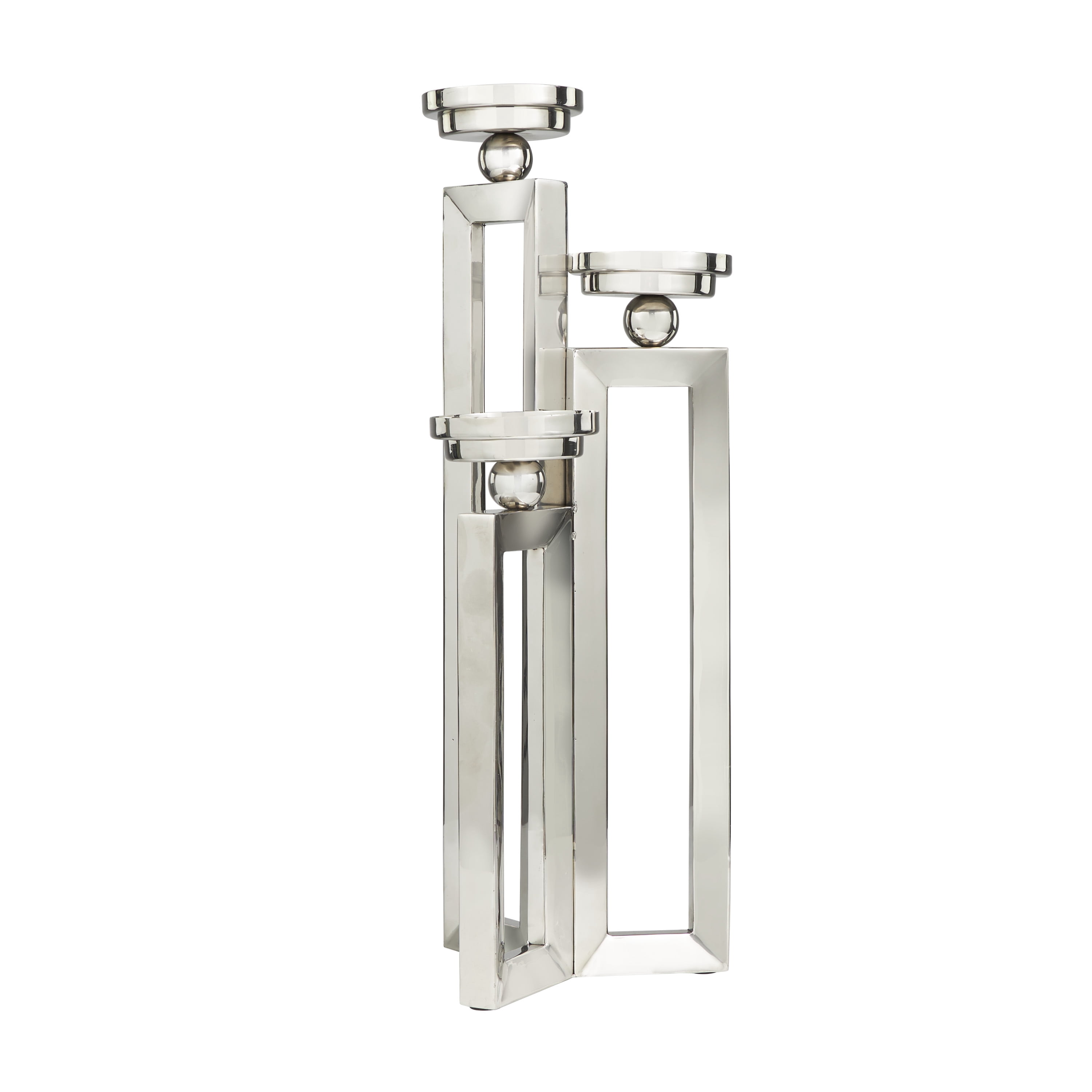 DecMode 3 Holder Silver Stainless Steel Geometric Open Frame Candelabra with Various Rectangles