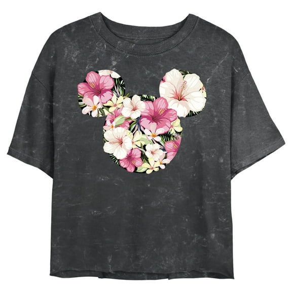 Junior's Mickey & Friends Pink Floral Mickey Mouse Logo Crop Graphic Tee Black Medium