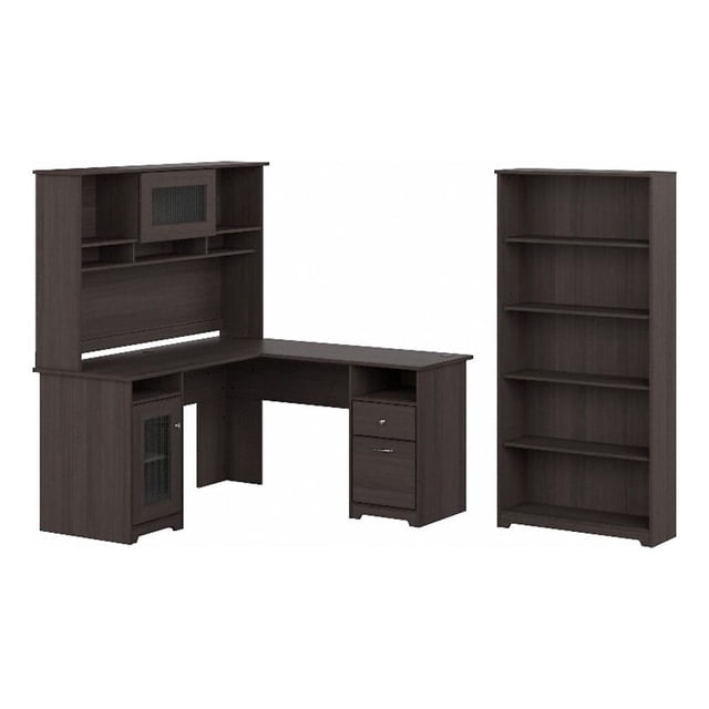 Cabot Bureau en L avec Huche et Bibliothèque en Gris Bruyère - Bois d'Ingénierie