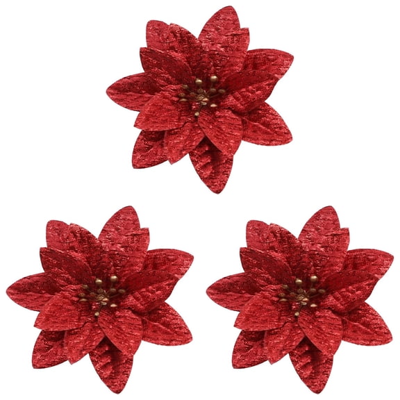 Burgundy Christmas Poinsettia Artificial Flowers, Shining Glitter Artificial Flower for Xmas Tree, 3.54" Poinsettia Glitter Ornament, Xmas Tree Decoration, Christmas Tree Hanging Flower, Party Decor