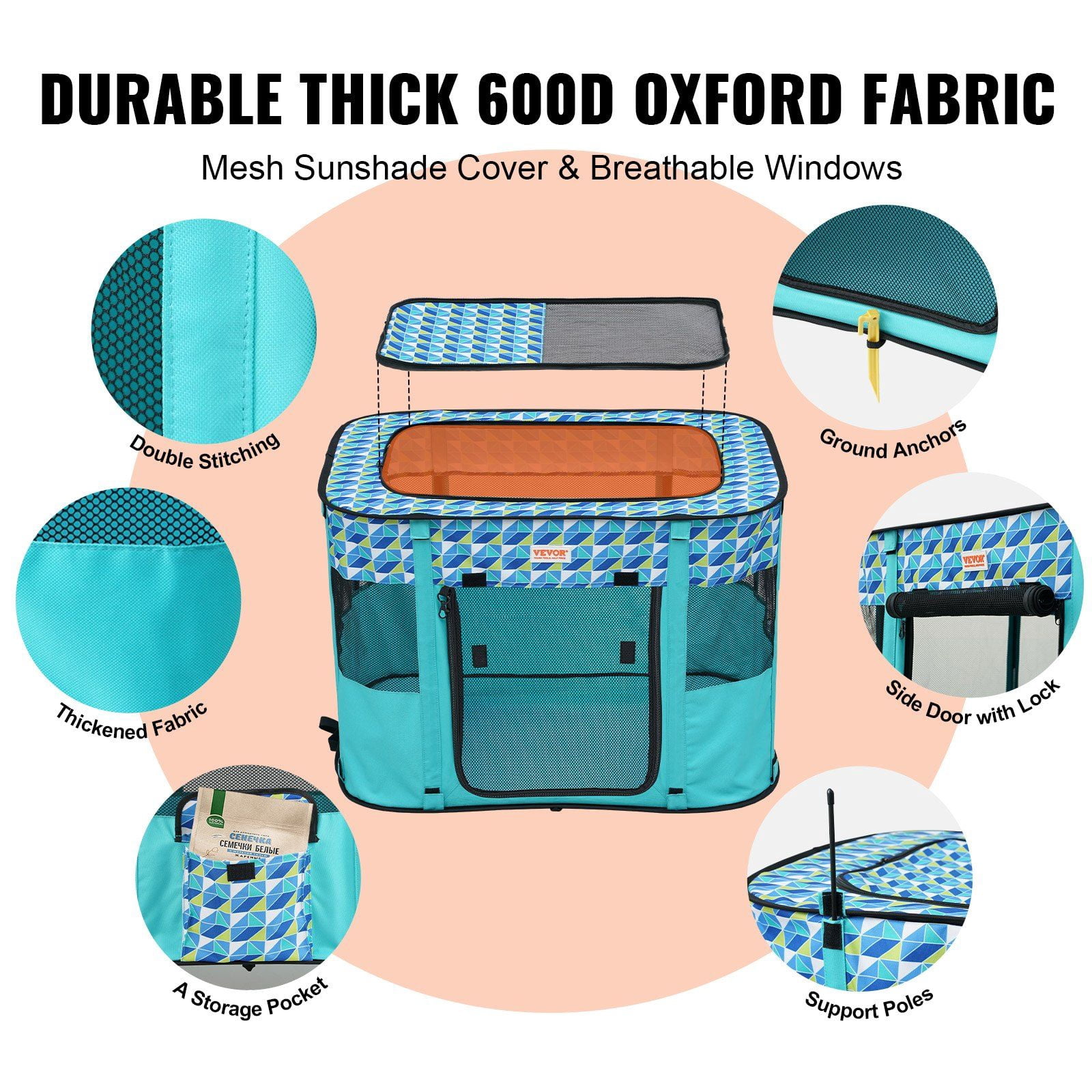 Foldable Portable Pet Playpen 32x24x22 Inches Waterproof 600D Oxford Cloth Removable Zipper Crate Kennel for Puppy Dog Cat Indoor Outdoor Travel Camping Rectangle Small