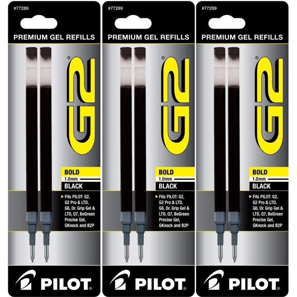 Paquete De 2 Recambios De Tinta De Gel Pilot G2 Para Bolígrafos Rodantes, Tinta Negra De Punta Negrita, Paquete De 3 = 6 Recambios