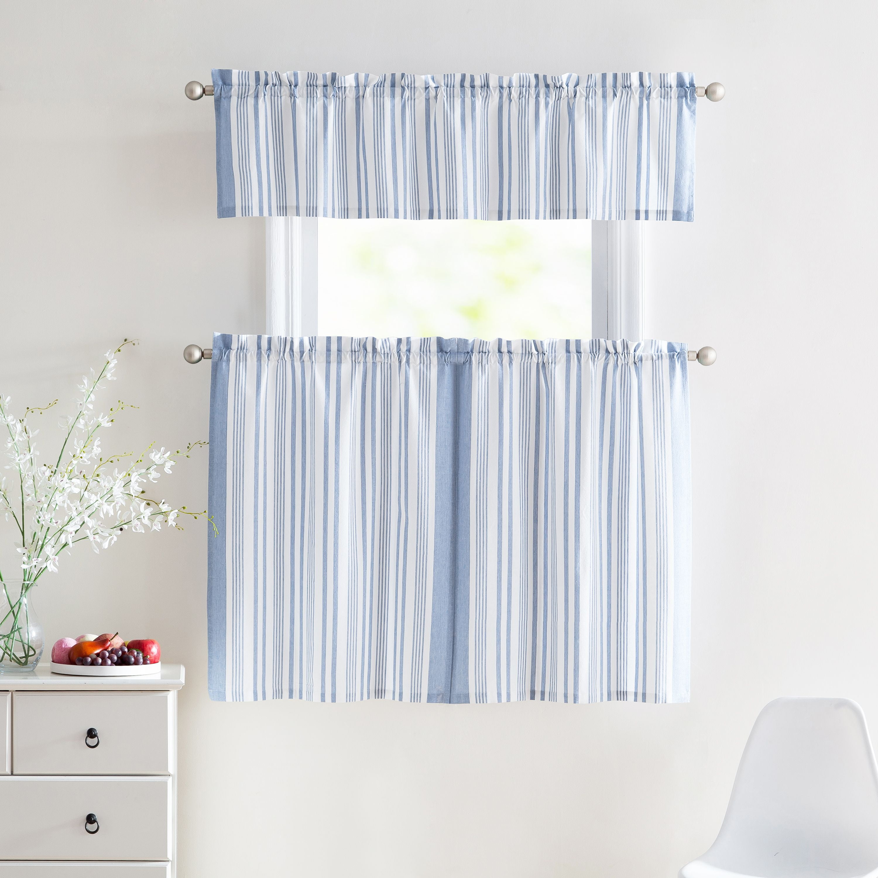 3 Piece Window Curtain Set 100 Cotton Stripe Design, One Valance, Two