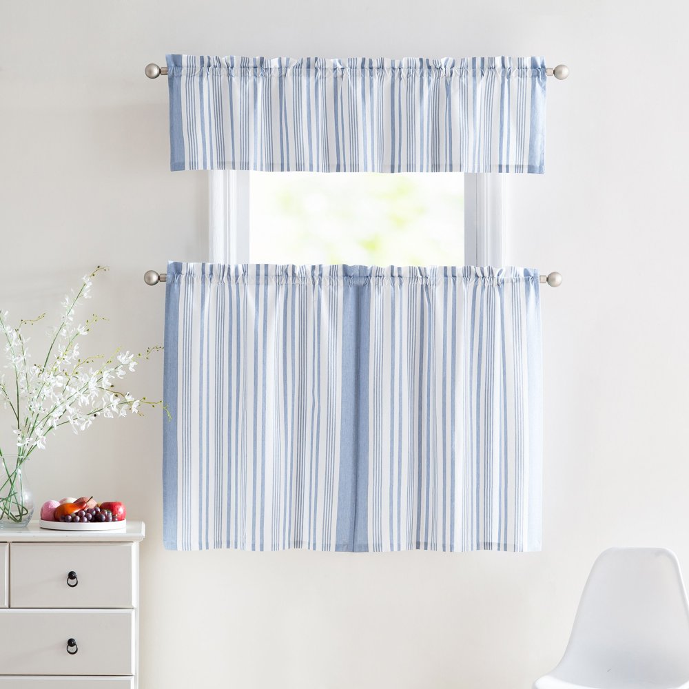 3 Piece Window Curtain Set 100 Cotton Stripe Design, One Valance, Two
