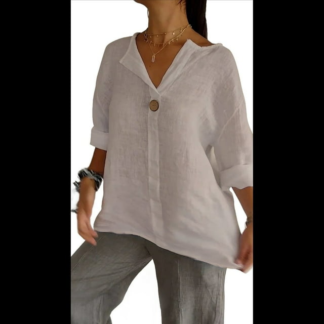 Camisa de para Mujer, Cuello en V, Botones, Blusa , Mangas 3/4, Informal, Holgada, Estilo Túnica, Camisetas de Verano. Albaricoque M