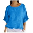 thumbnail image 1 of Haut en Lin pour Femmes Col Rond Ourlet à Volants Manches Courtes Respirant Décontracté pour Toutes Occasions, 1 of 5
