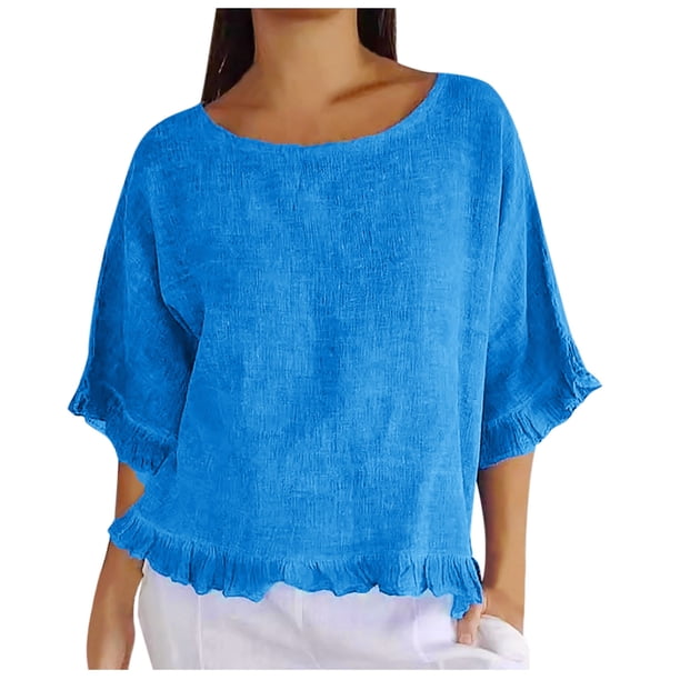 Blusa de manga corta con cuello redondo y volantes en el bajo, mezcla de lino, para mujer - S-XXXL