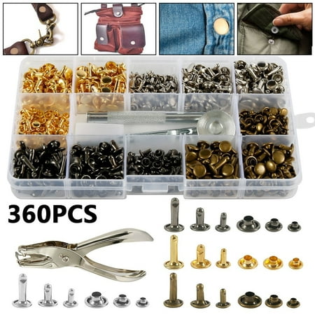 

ODOMY 28/240/360 Pcs/set Metal Studs Leather Rivets Double Cap Rivet Tubular Simple Cap Metal Tubular Rivets with Fixing Tool Kit
