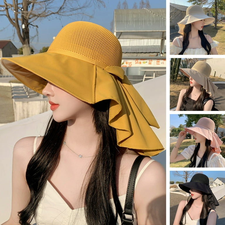 Honrane Women Sun Hat Bow Decor Elastic Hollow Out Ruffle Wide Band  Sunshade Breathable Neck Protection Lady Summer Cap Women Headwear