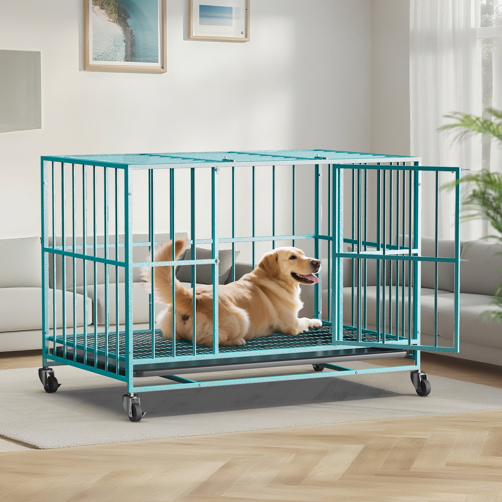 TIME RAY 48 Inch Heavy Duty Indestructible High Anxiety Dog Crate Cage for Large Dog with Steel Escape Proof, Double Doors,Lockable Wheels and Removable Tray,Blue