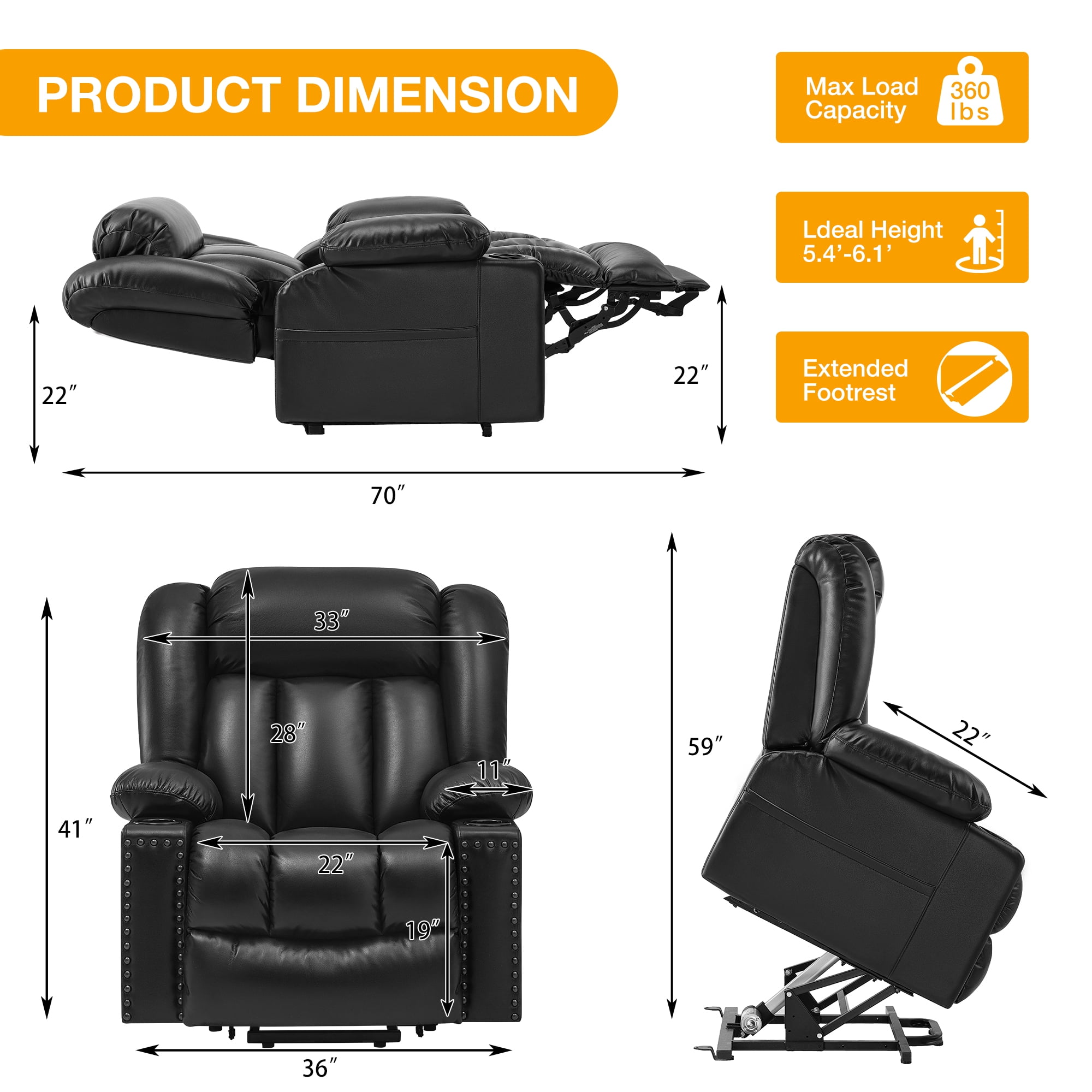 Triple Motor Large Power Lift Recliner Chair for Elderly with Heat and Massage, Lay Flat Lift Chairs for Seniors Infinite Position, Extended Footrest, USB Ports, Cup Holder, Faux Leather