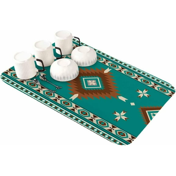 Teal Brown Boho Southwestern Dish Drying Mat for Kitchen Counter, Absorbent Quick Dry Coffee Bar Mat Pad Thin Diatomaceous Sink Mat Non Slip Dish Drainer Mat 16x18 Retro Ethnic Tribe Geometric Texture