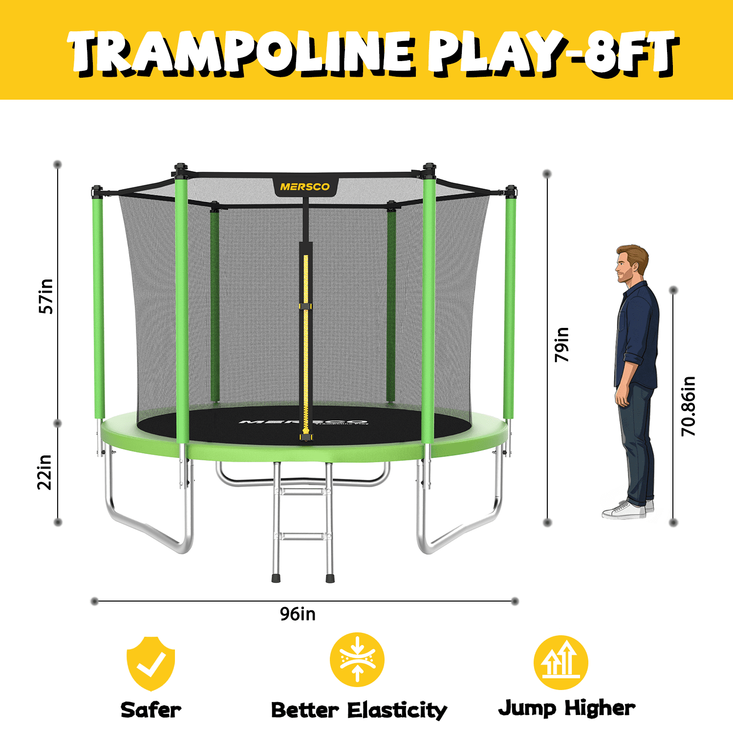 Mersco 8ft Trampoline for Kids and Adults,Outdoor Trampoline with Enclosure,Ladder,Upright-Poled Backyard Trampoline PLAY for Family Fun,Jumping Trampoline for Birthday Gift,Green