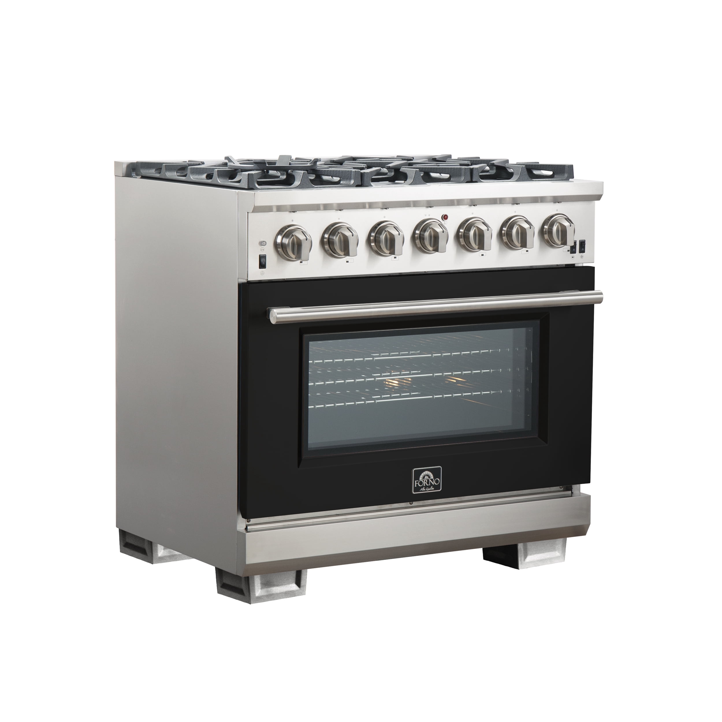 Forno Capriasca 36-Inch Gas Range, Stainless Steel, 6 Brass Burners, 120,000 BTU, Convection Oven, Energy Efficient, Black door