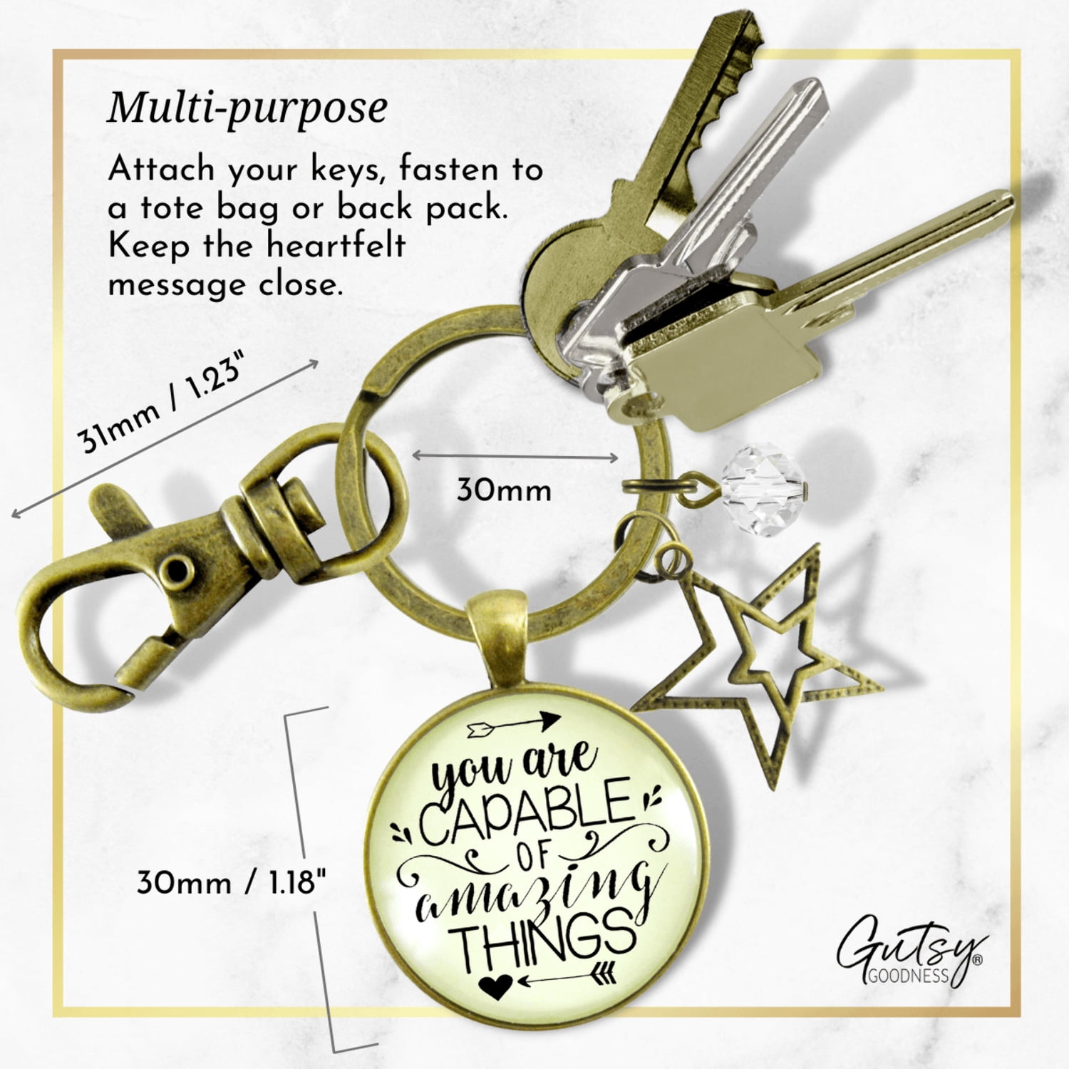 You Are Capable of Amazing Things Gutsy Goodness Bronze Keychain Positive Message Quote Mantra Gift Jewelry