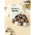 thumbnail image 2 of Infant Baby Girls 3-piece Outfit, Long Sleeve Solid/Letters Print T-shirt with Plaid Skirt and Headband Set, 2 of 9