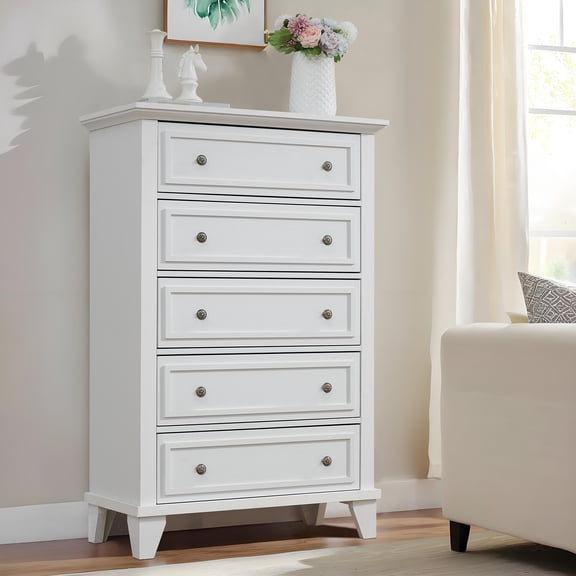 5 Drawer Dresser for Bedroom, 48" Tall Modern Chest of Drawers with Deep Drawers, Wood Storage Cabinet with Vintage Metal Handles for Living Room, Hallway, White