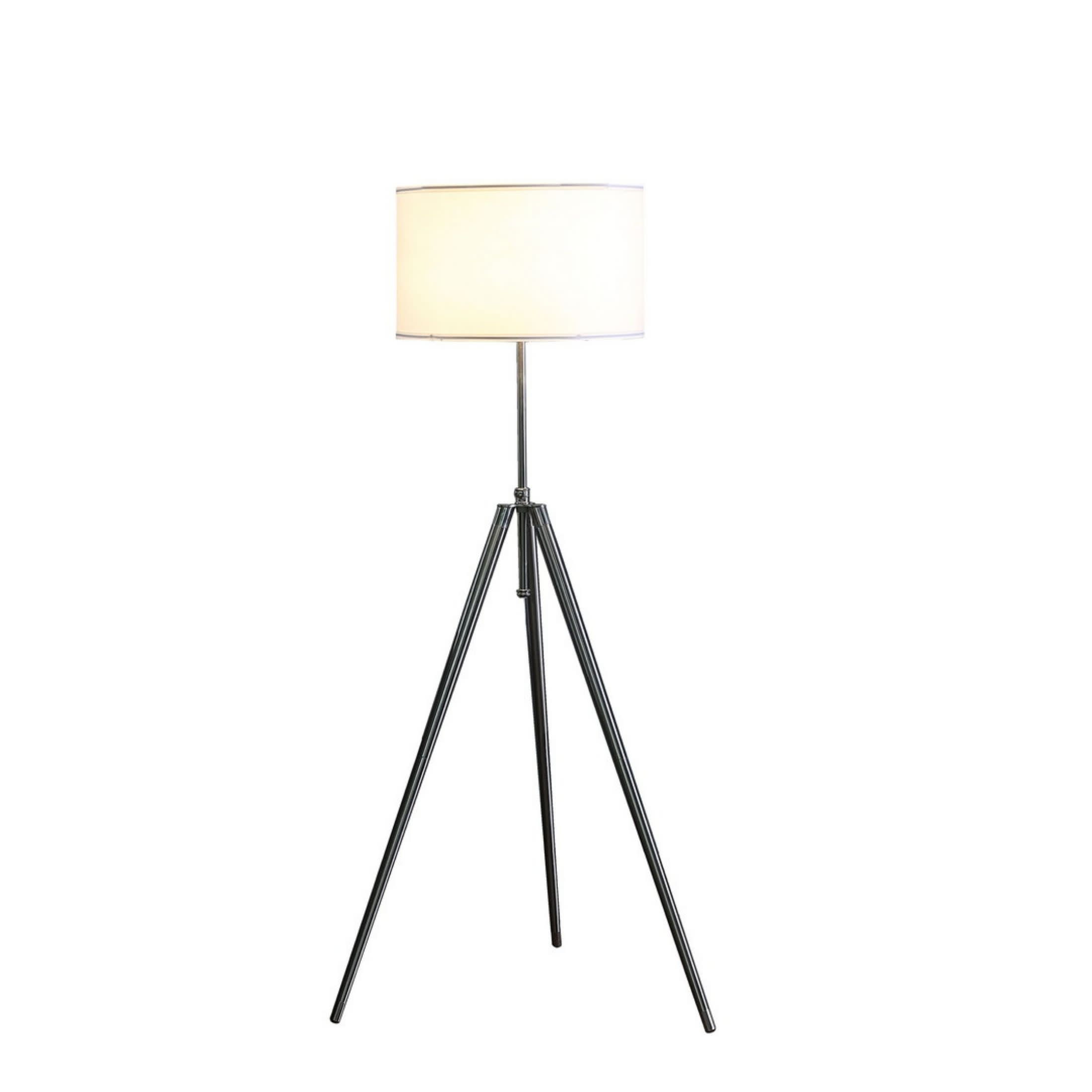 Noble House 64" Adjustable Tripod Floor Lamp, Mid-Century Brushed & Chrome with White Linen Shade, Silver