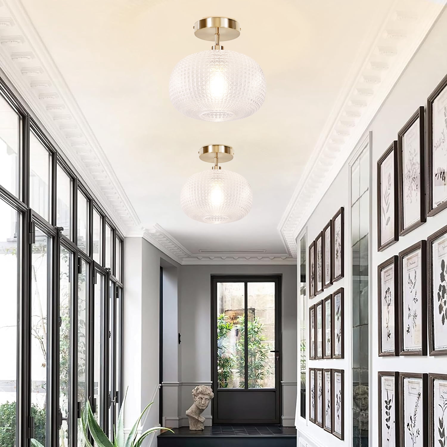 Semi Flush Mount Ceiling Light,Globe Glass Ceiling Light,Gold Light Fixture,Vintage Ceiling Light for Hallway Bedroom Kitchen Entryway Living Room