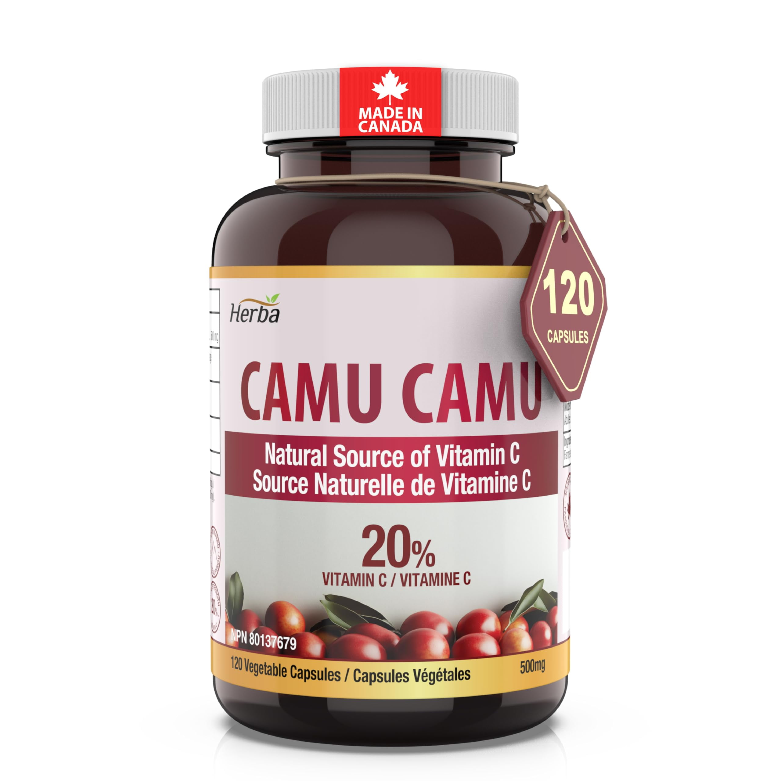Herba Herba Camu Camu Capsules 500mg – 120 Capsules | 20% Vitamin C (100mg) | Made in Canada