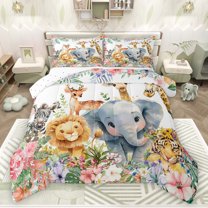 jejeloiu Kawaii Giraffe Deer Full Size Comforter Sets,Zoo Elephant Zebra Bedding Comforter Set,Kawaii Flowers Floral Bedding Sets For Girls Boys,Microfiber Bedroom Decor Reversible,3pcs