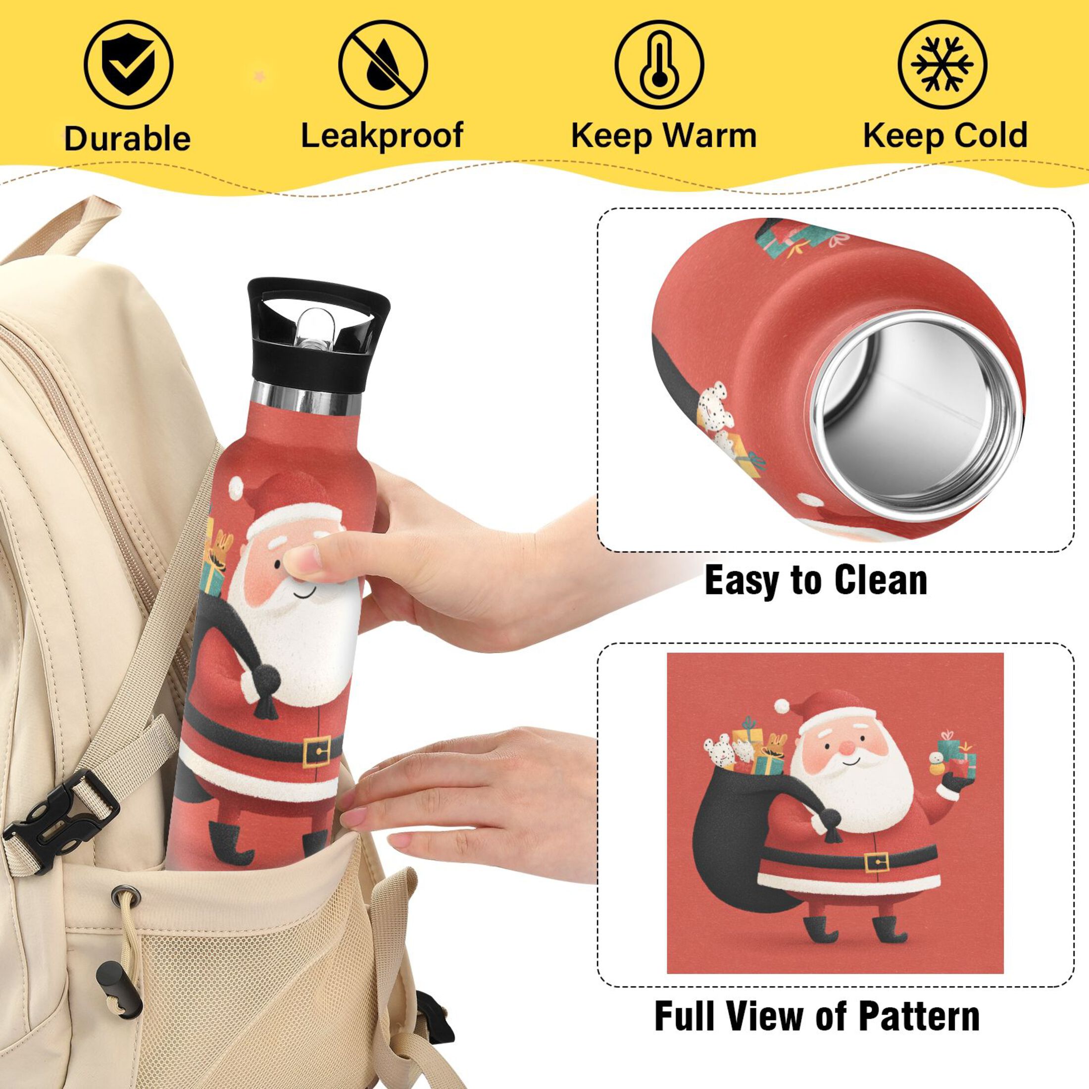 600ML Stainless Steel Insulated Cup Sports Water Bottle Portable Thermos Cup Water Glasses Insulated Tumblers Convenient and Durable Cartoon Red Santa Claus