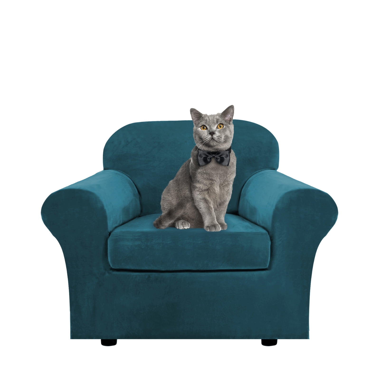 SHANNA Sofa Covers Stretch Velvet Couch Covers with Seperate Seat Cushion Covers, Armchair /Loveseat / Sofa Slipcovers (Dark Green, Armchair Cover)