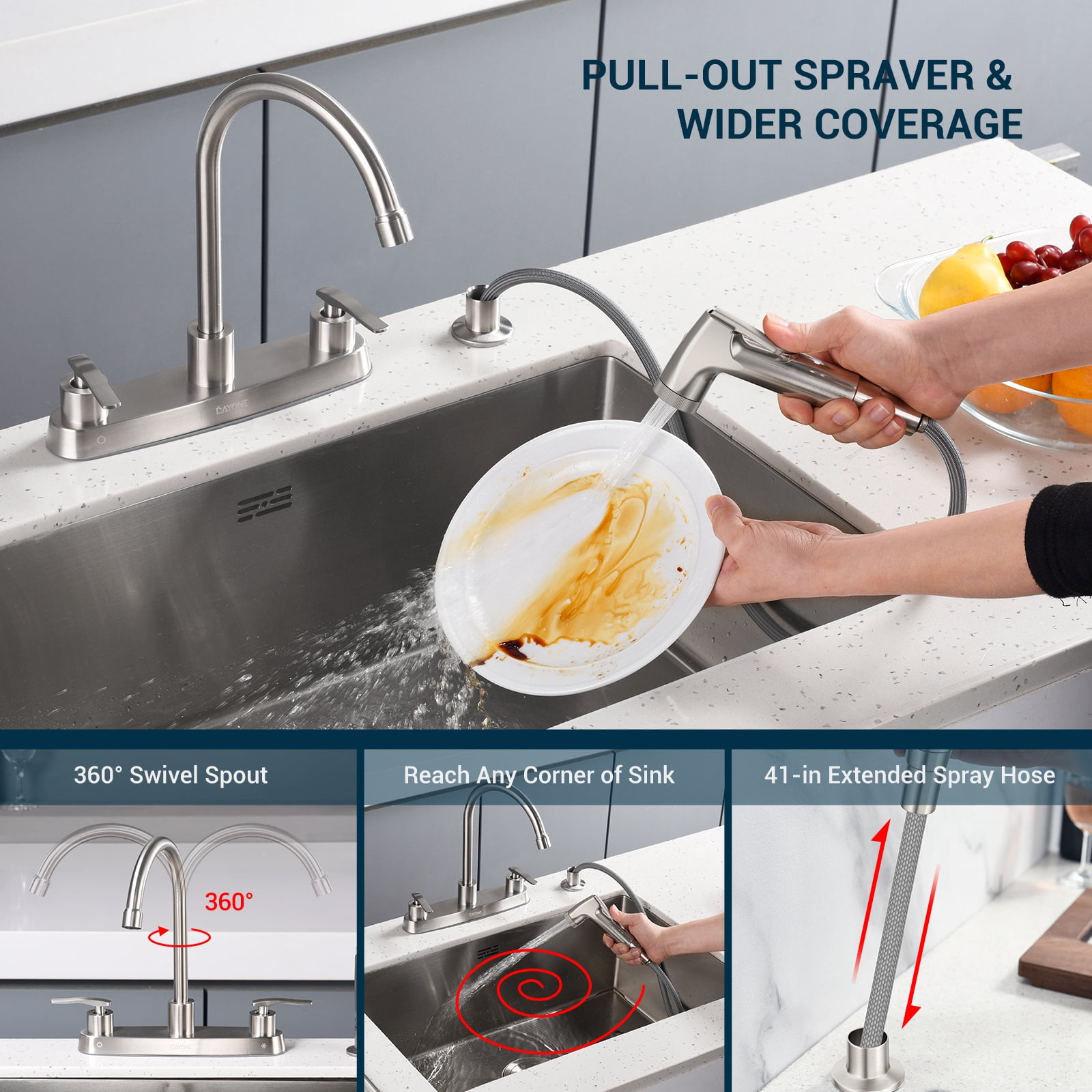 DAYONE Kitchen Faucet with Side Sprayer 2 Handle Brushed Nickel, 8 Inches 4 Holes Centerset Kitchen Sink Faucet, Pull Out Stainless Steel Sink Faucets for RV Laundry Bar with Supply Lines, DAY-CR2001