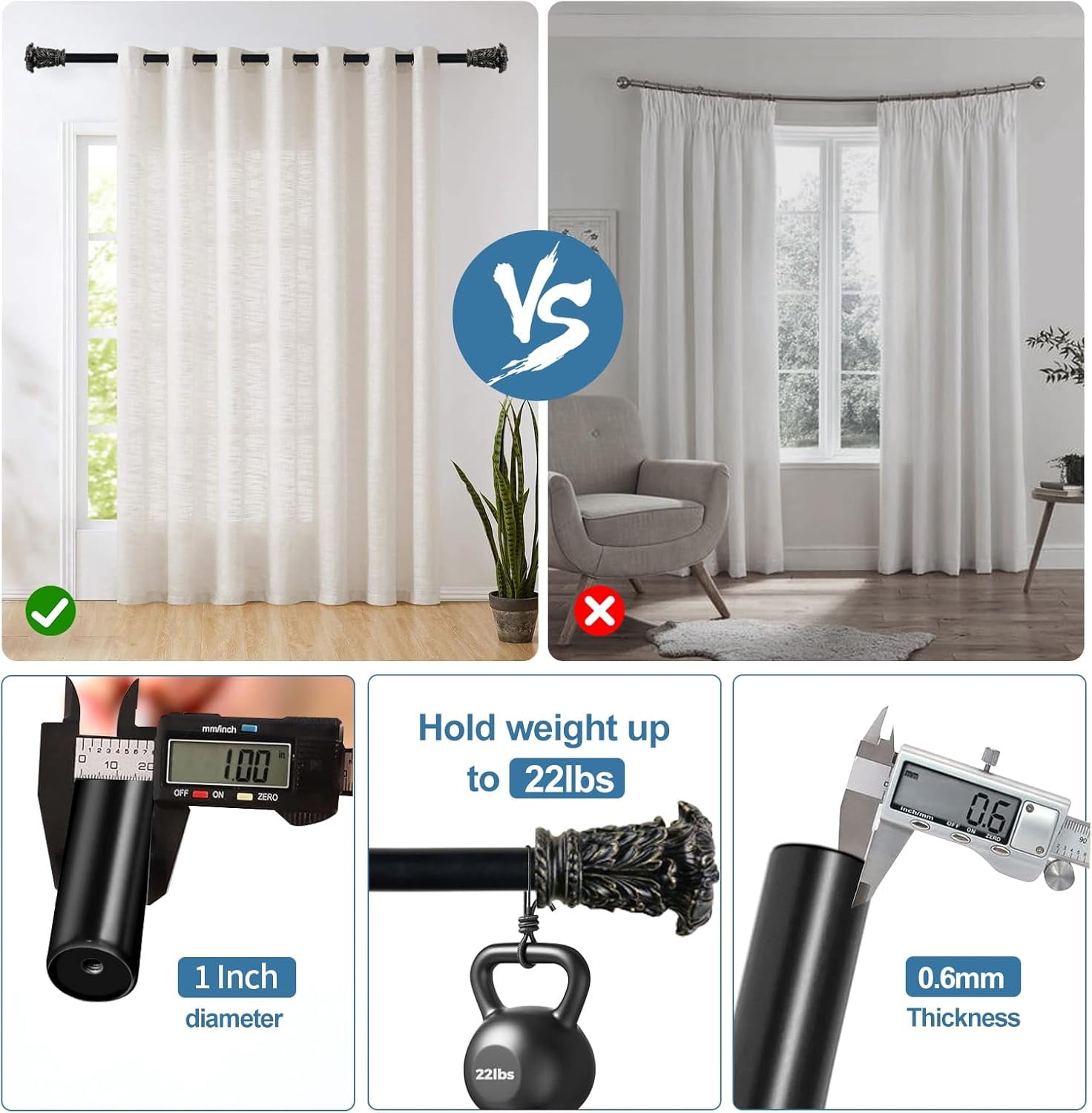 Urbanest Adjustable Single Curtain Rod Set Burnt Gold Chilton Finials – 1 - Inch Diameter, With Black Rod, 84–120 Inches