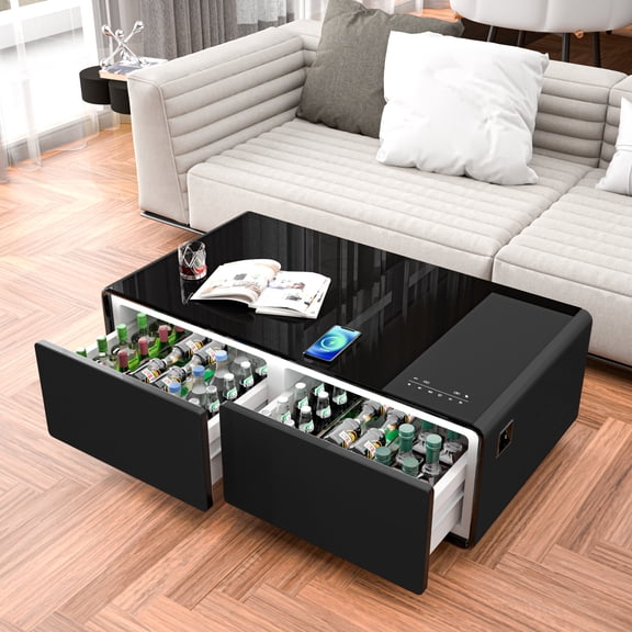 Newboti Furniture Modern Smart Coffee Table with Built-in Fridge, Bluetooth Speakers, Wireless Charging, Power Socket, USB Ports, Rgb Light, Black BN.9274
