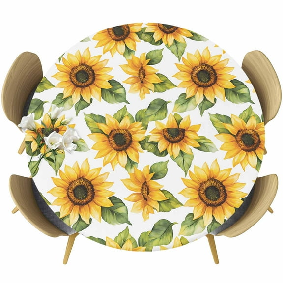Sunflower Round Tablecloth 55-60 Inch Round Fitted Table Cloth with Elastic Edge, Watercolor Summer Botanical Yellow Waterproof Table Cover Protector for Outdoor Picnic Party Dining