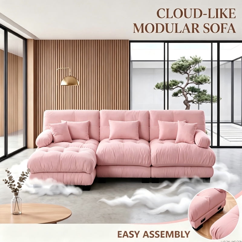 ANPPORT Cloud Couch Sleeper Sofa, Chenille Pink 3-Seater Modular Sofa with 1 Ottomans, 3 Lumbar pillows, 2 Pillows, Comfy Deep Seat Cloud Sofa, Convertible L-Shaped Floor Couch for Living Room