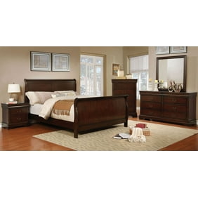 Contemporary Master Bedroom Furniture New Queen Size Sleigh Bed Dresser Mirror Nightstand 4pc Set Brown Cherry Stylish Solid Wood