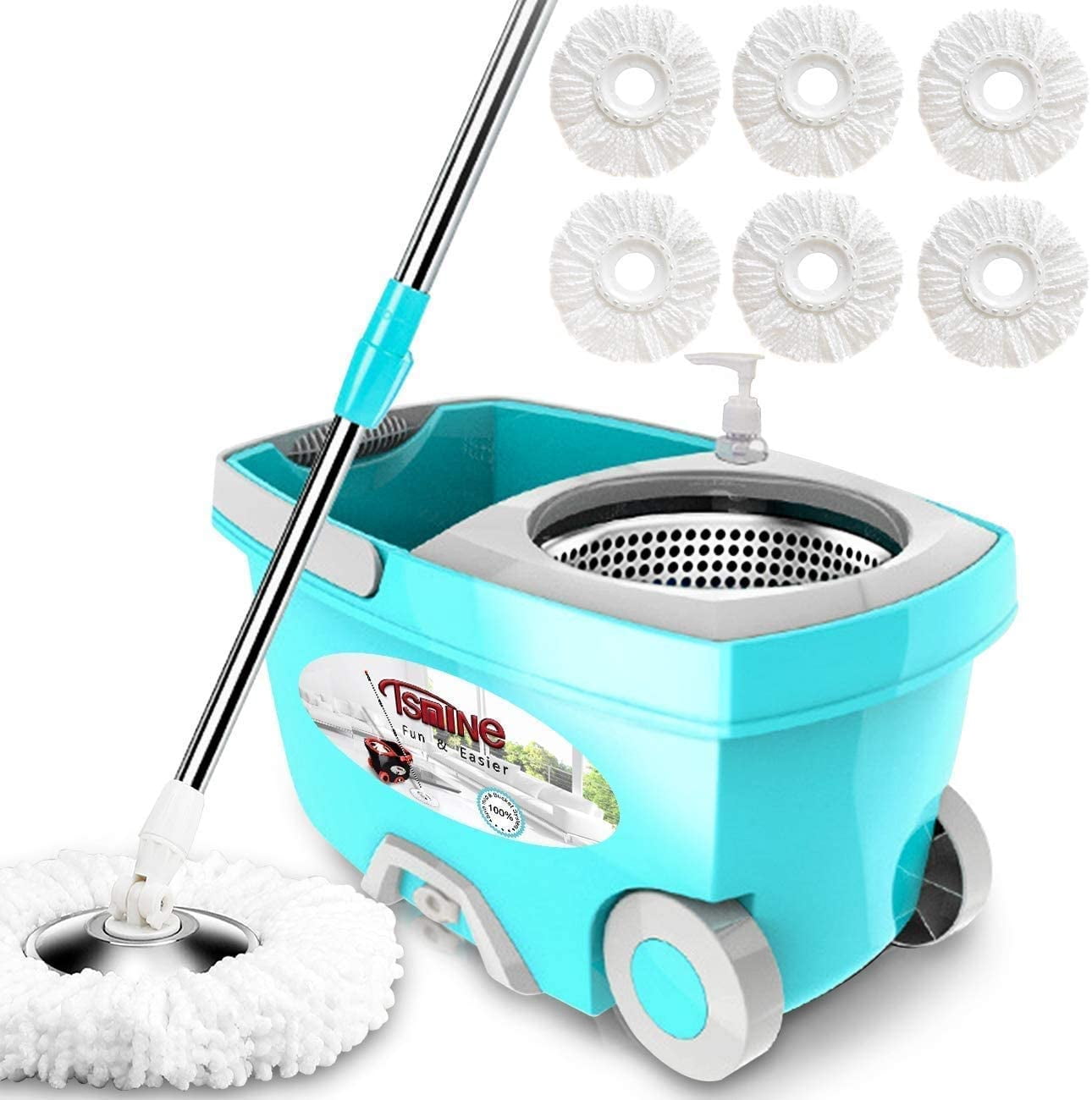 360 Degree Rotating Spinning Spin Mop Bucket Adjustable Handle 2 Cleaning Head B 