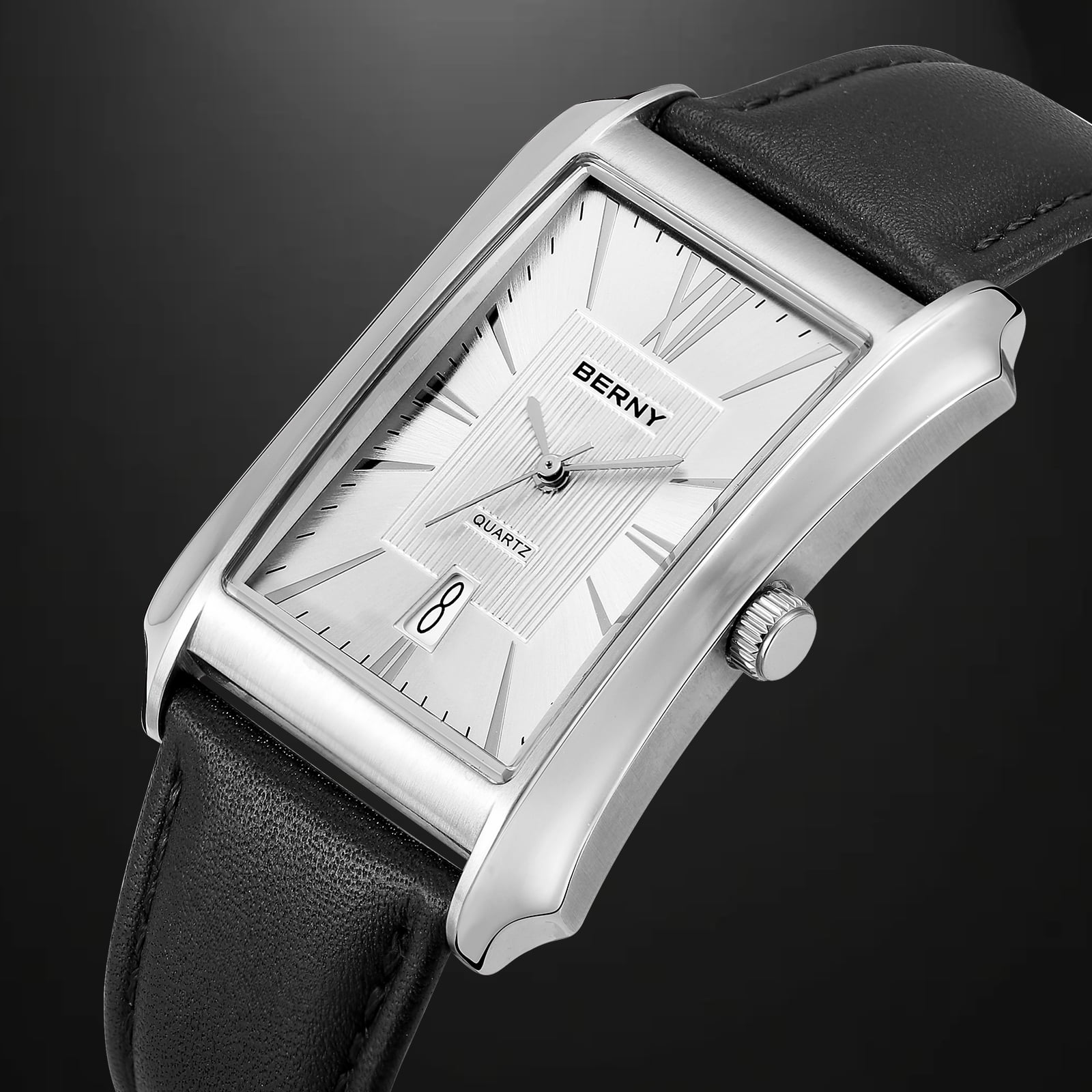 BERNY Men's Leather Watch, Vintage Stainless Steel Rectangular Case Roman Dial Dress Analog Watch with Date Calendar, Waterproof, Classic Business Quartz Wrist Watches for Men (White)