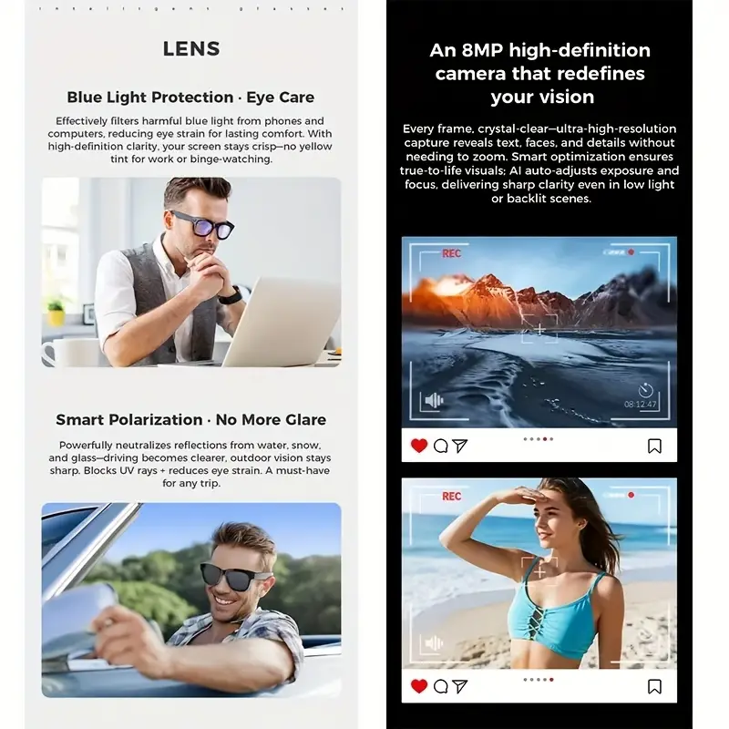 Smart AI Camera Glasses with HD Video Recording, Built-in Speakers, Voice Assistant & Blue Light Protection