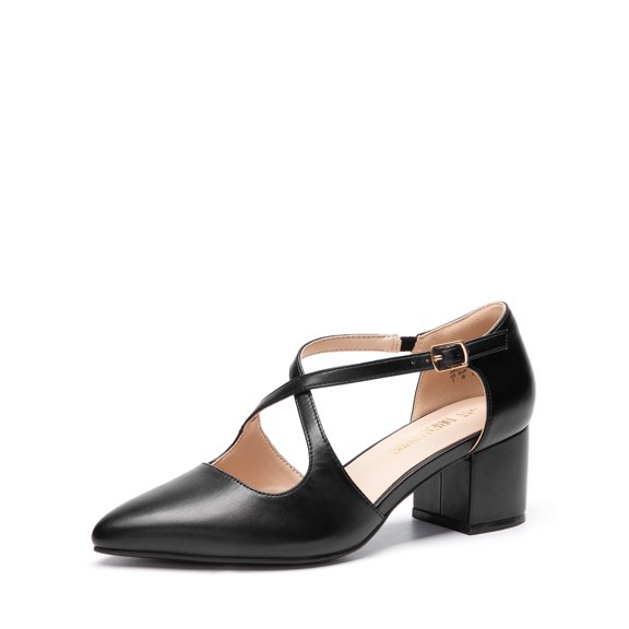 DREAM PAIRS Women's Chunky Heels Dress Pumps Closed Pointed Toe Comfort Cross Strap Block Heel Shoes For Party Dance Wedding