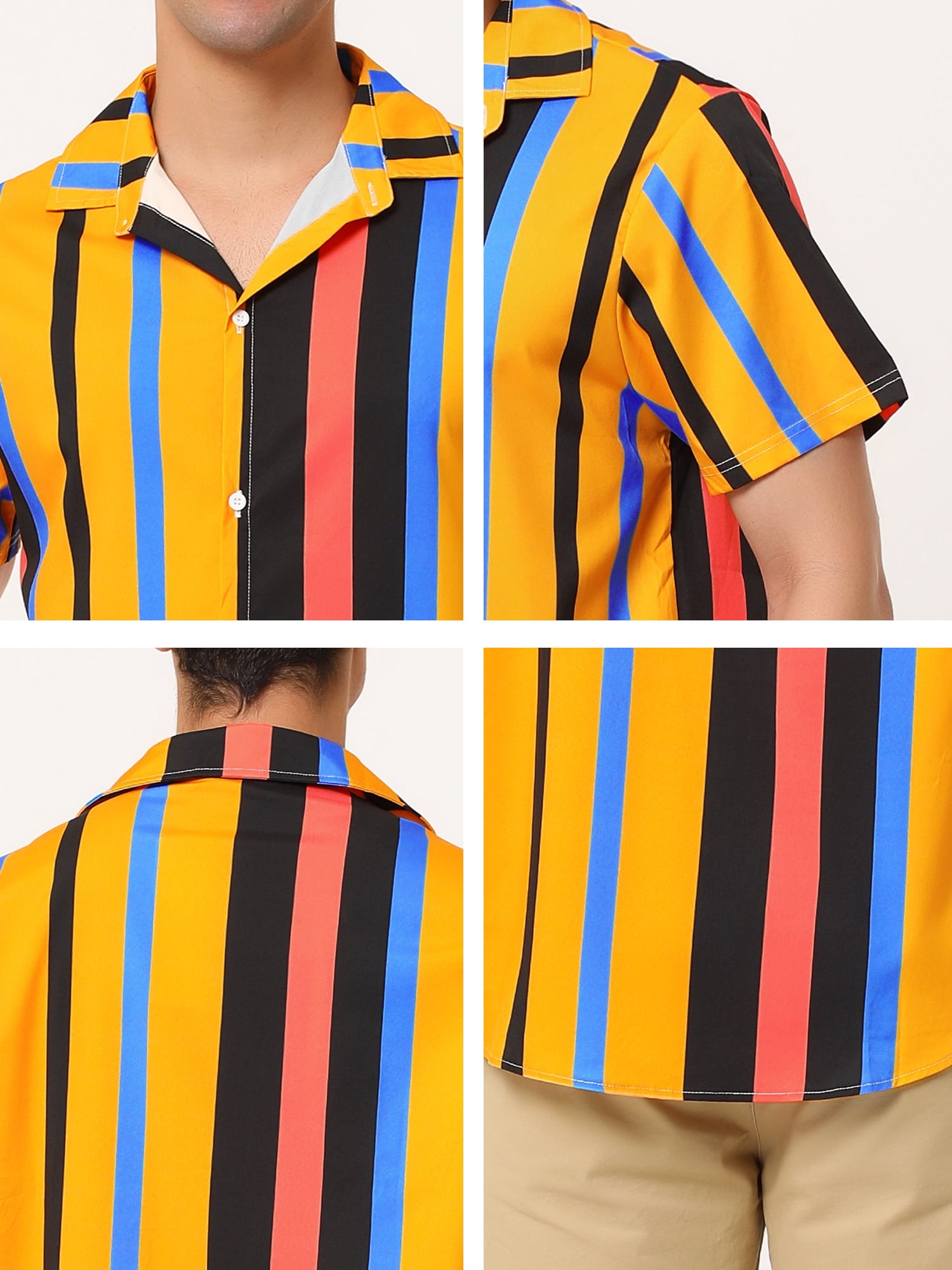 Unique Bargains Men's Summer Striped Shirt Short Sleeve Button Down Beach Shirts L Orange Black Blue
