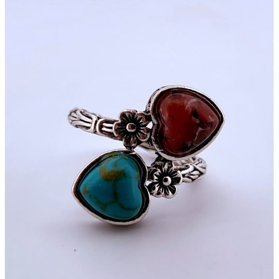 Size 7 Red & Blue Turquoise Heart Silver Ring S7RBTHSR