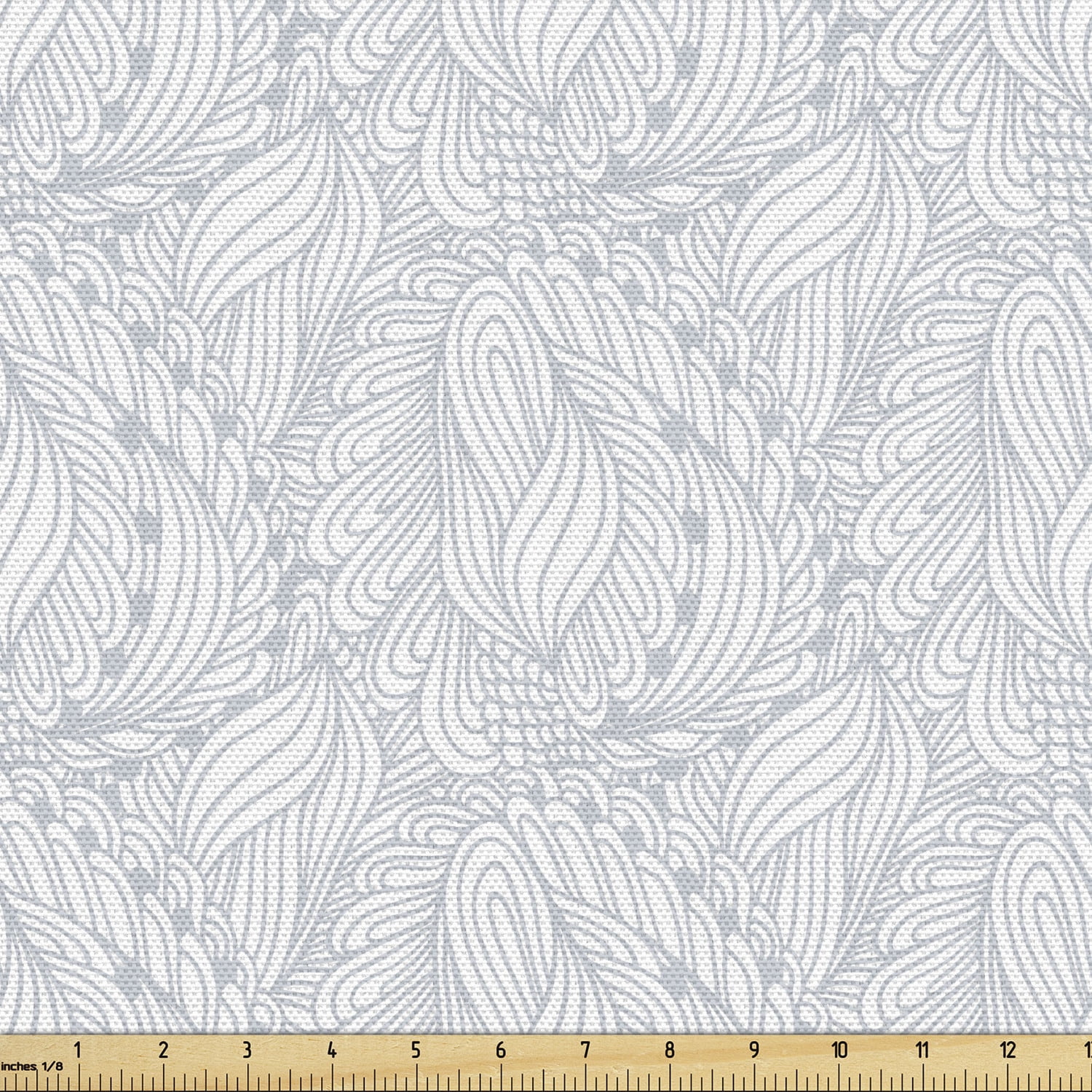 Grey and White Fabric by The Yard, Doodle Style Botanical Leaves