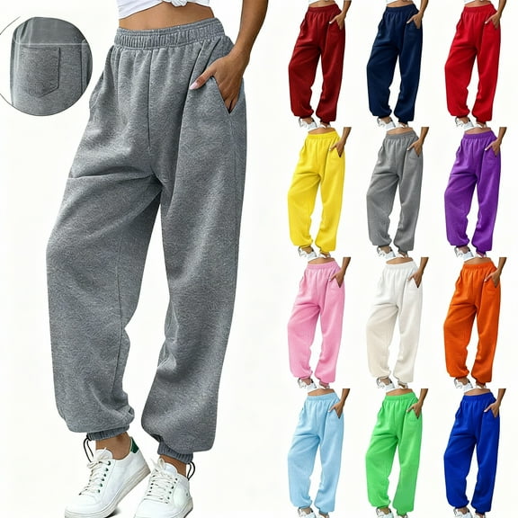 pstuiky Pants for Women Solid Color Plus Size Adjustable Cuffs Elastic Waist Sweatpants Casual Baggy for Running Sports Long Pants with Three Pockets Dark Gray S