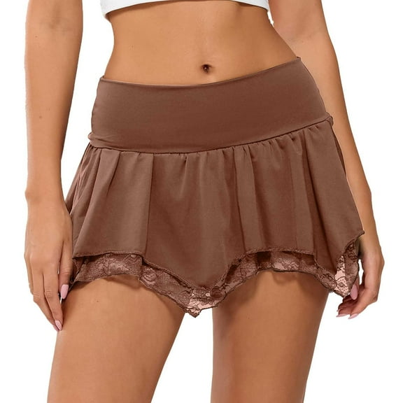 RUTAYY Women Lace Mini Skirt Low Rise Micro Skirt Asymmetrical Ruffle Hem Flared Lingerie Short Skirts Solid Color Flowy Swing Skirts