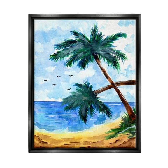 Tropical Beach Palms Birds Flying Coastal Painting Jet Black Framed Art Print Wall Art