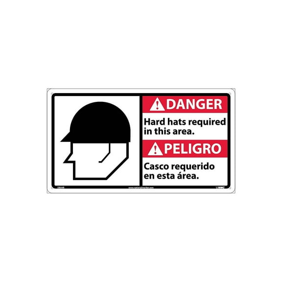 National Marker Danger Signs; Hard Hats Required In This Area (Bilingual W/Graphic) 10X18 Rigid
