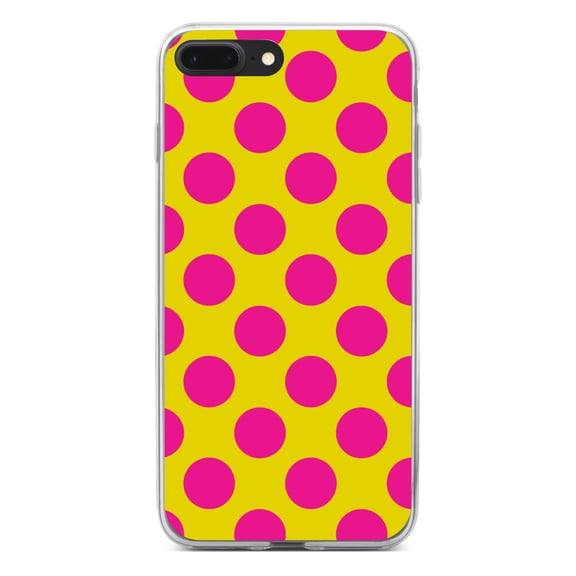 DistinctInk Clear Shockproof Hybrid Case for iPhone 7 PLUS / 8 PLUS (5.5" Screen) - TPU Bumper, Acrylic Back, Tempered Glass Screen Protector - Yellow Hot Pink Polka Dots