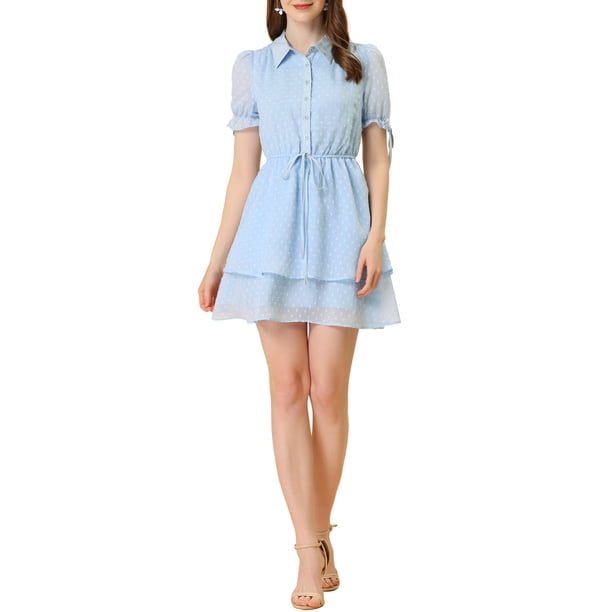 Vestido A-Line con Cuello Peter Pan y Puños con Volantes para Mujeres Inspire Chic M Azul