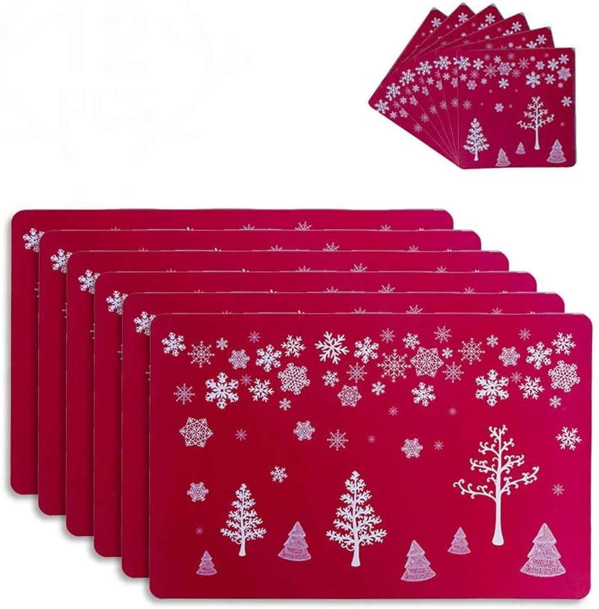 6 Pcs Merry Christmas Placemats and 6 Coasters Sets Red Christmas Tree PVC Non Slip Heat-Resistant Waterproof Washable Xmas Place Mats for Kitchen Dining Table Home Holiday Decoration