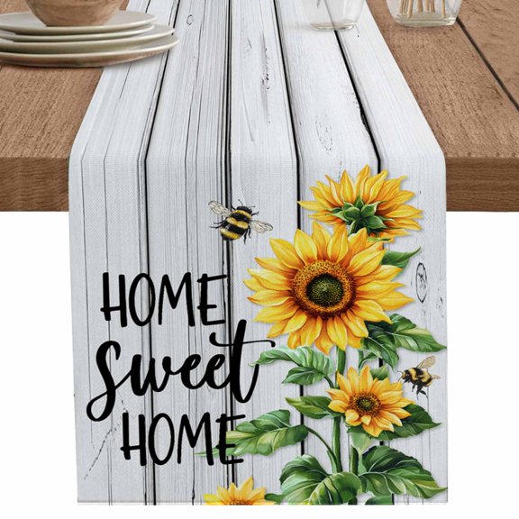 nqOlkjepod Yellow Sunflower Table Runner 70 Inches Long Farmhouse Dress Scarves, Bee Wooden Grain Country Farmhouse Dining Tablerunner for Coffee Table/Kitchen Island/Party Décor, 13" x 70"