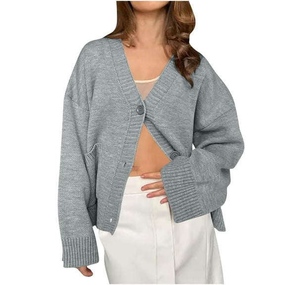 Fall Sweaters for Women 2025 Solid V Neck Long Sleeve Button Down Knit Cardigan Casual Fashion Elegant Loose Coat