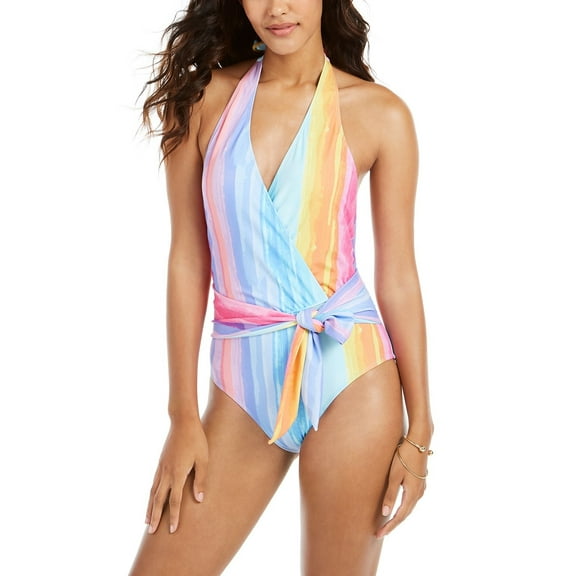 Rachel Roy OMBRE MULTI STRIPE Printed Halter One-Piece Swimsuit, US Small